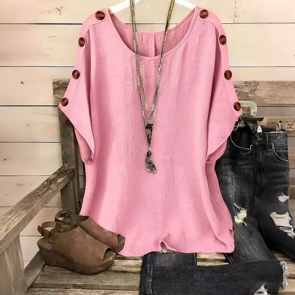 Women's Solid Color Round Neck Loose Button Design T-shirt