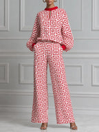 Red Geometric Print Pullover & Wide Leg Pants Set