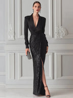 Structured Satin And Sequin Long Sleeve Evening Gown