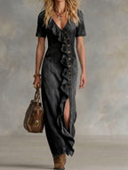 Women's V-neck Short-sleeve Ruffled Denim Dress