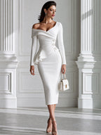 Elegant Off-the-Shoulder Ruffle Peplum Bodycon Midi Dress