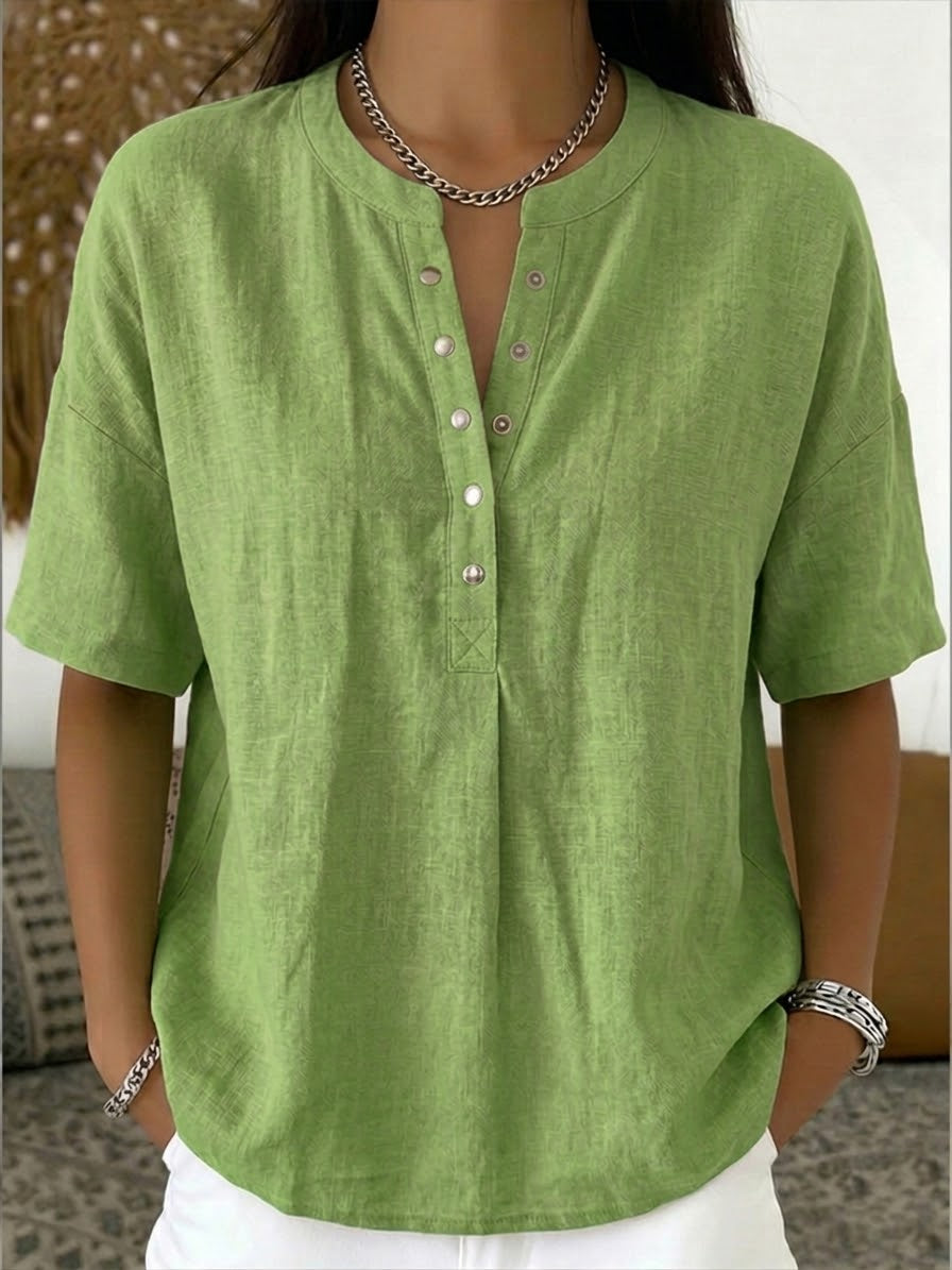 Casual Henley Collar Linen And Cotton Short-sleeve Shirt