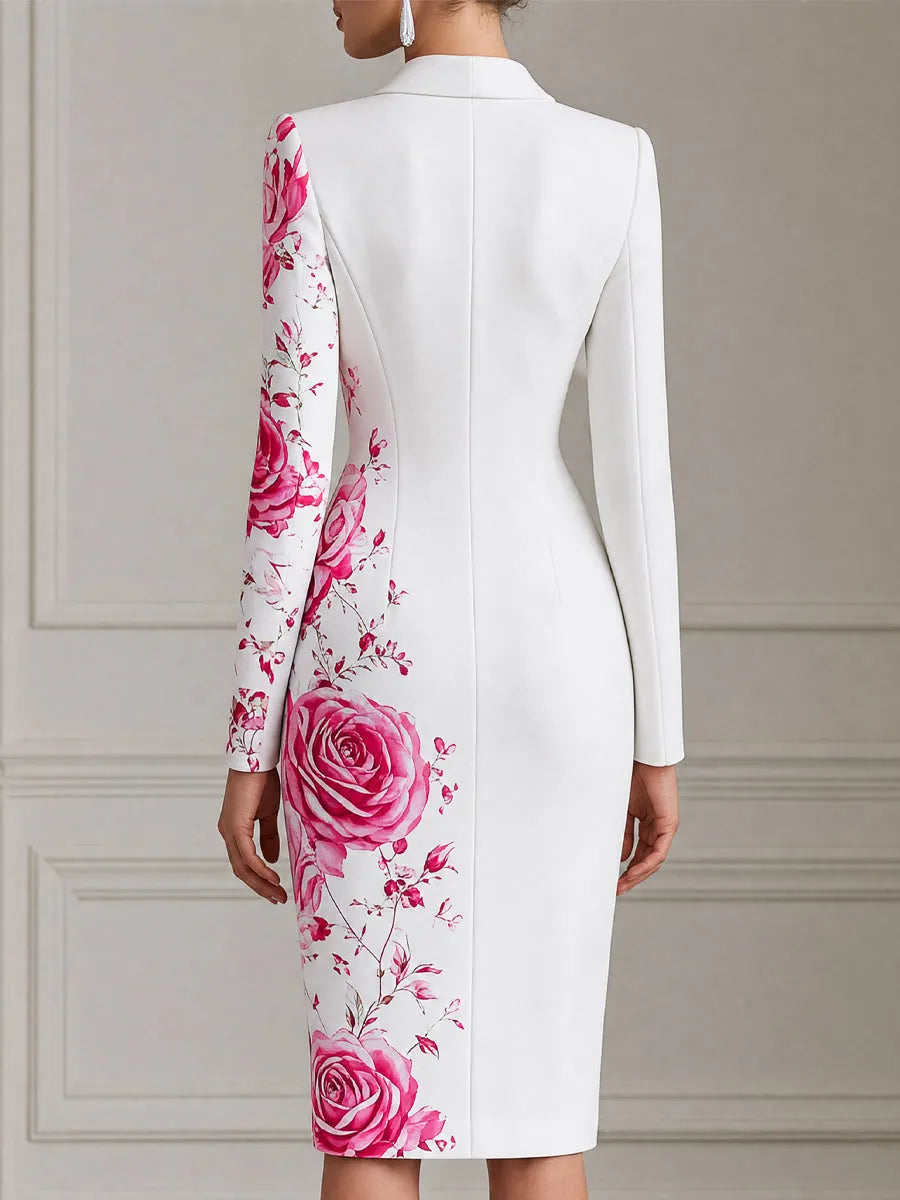 Asymmetric Floral Print Double Breasted Blazer Midi Dress