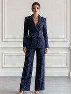 Flecked Tweed Double Breasted Blazer & Wide Leg Pants Suit