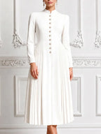 Ivory Stand Collar Gold Button Pleated A-Line Midi Dress