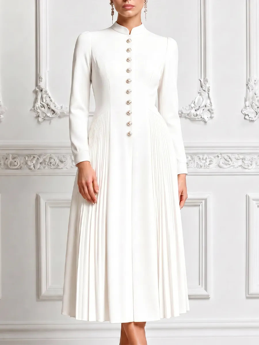 Ivory Stand Collar Gold Button Pleated A-Line Midi Dress