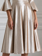 Champagne Velvet Bell-Sleeve A-Line Midi Dress
