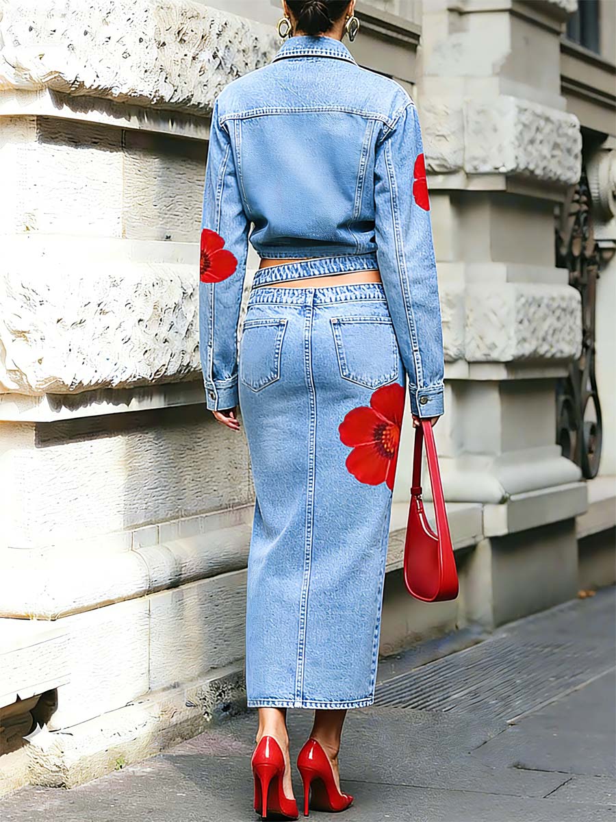 Women's Floral Print Casual Stylish Art Denim Skirt