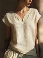 Boho Vintage Lace V-neck Cotton Blend Shirt