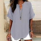 Solid Color V-neck Short Sleeve Linen Blend Blouses