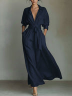 Waist-cinching Shirt-style Maxi Linen And Cotton Dress