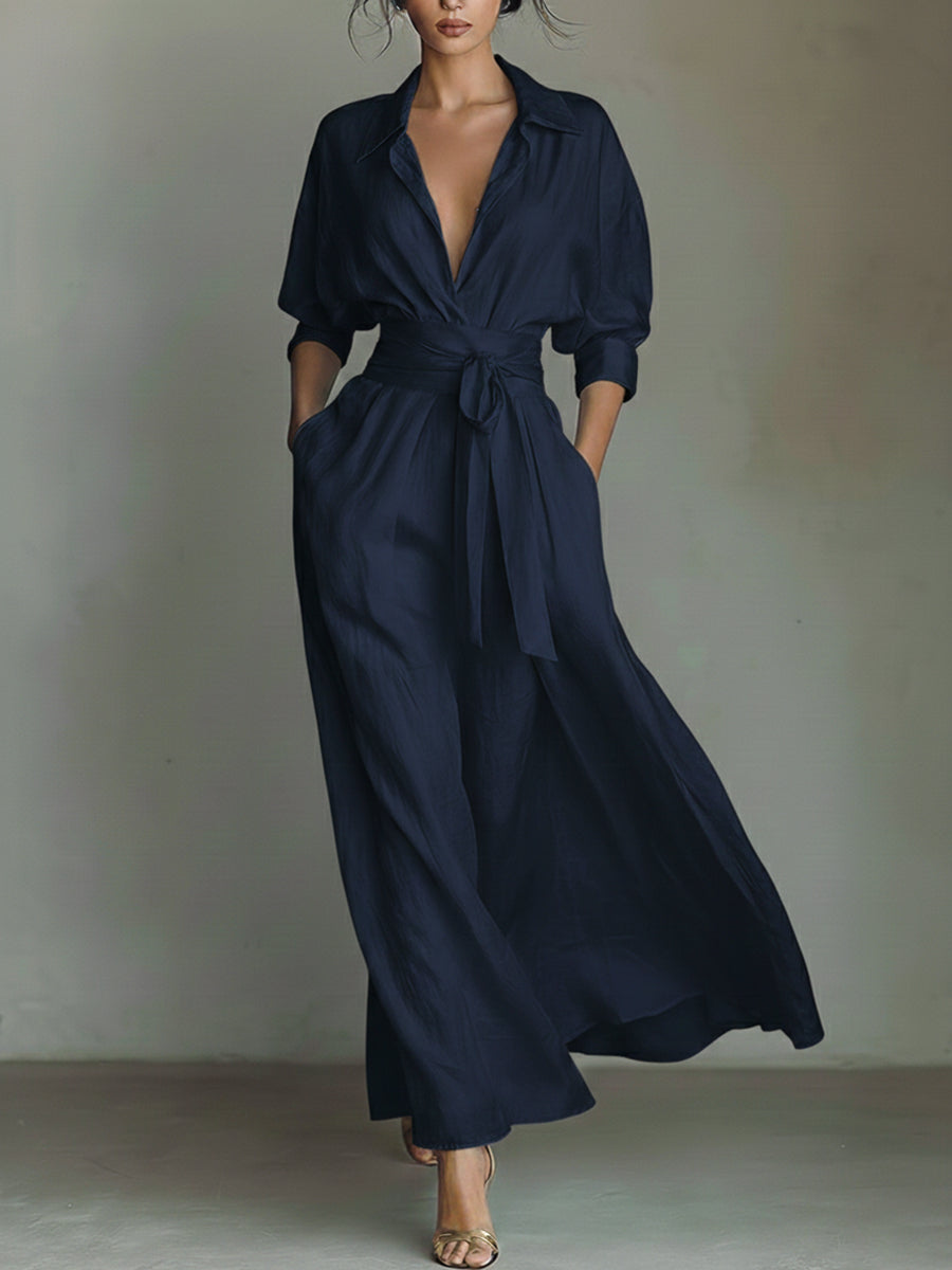 Waist-cinching Shirt-style Maxi Linen And Cotton Dress
