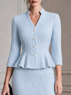 Stand Collar Peplum Jacket & Midi Pencil Skirt Waffle Suit