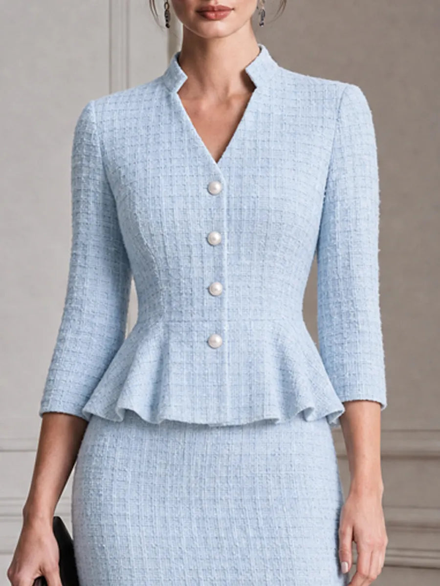 Stand Collar Peplum Jacket & Midi Pencil Skirt Waffle Suit