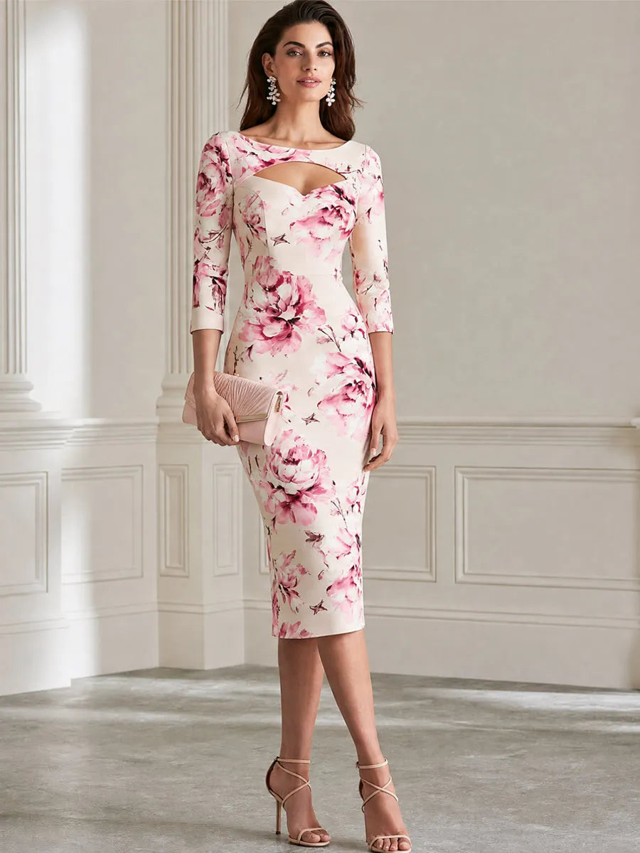 Elegant Pink Floral Cutout Neckline Bodycon Midi Dress