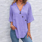 Women's Solid Color Button Linen V-neck T-shirt