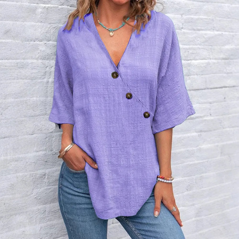 Women's Solid Color Button Linen V-neck T-shirt