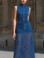 Sleeveless Denim Top And Lace Panel Maxi Skirt Set