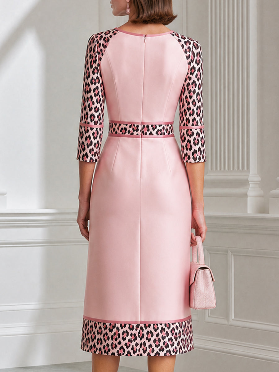 Elegant Leopard Print Panel Contrast Trim A-Line Midi Dress