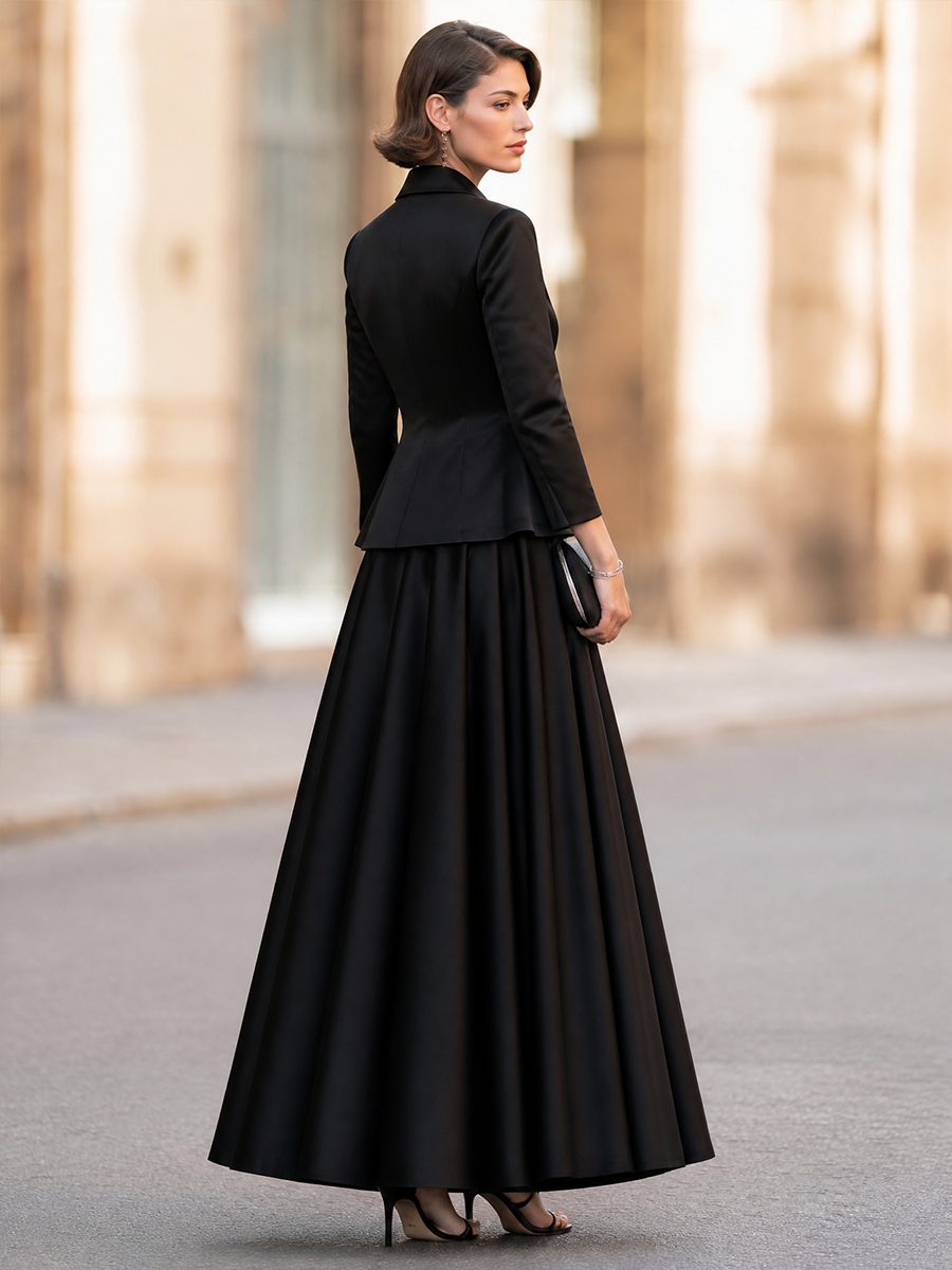 Elegant Double-Breasted Satin Blazer & Maxi Skirt Two-Piece Set