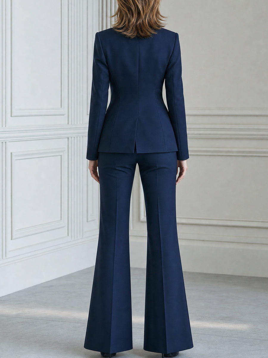 Satin-Lapel Tuxedo Blazer And Flared Pants Suit