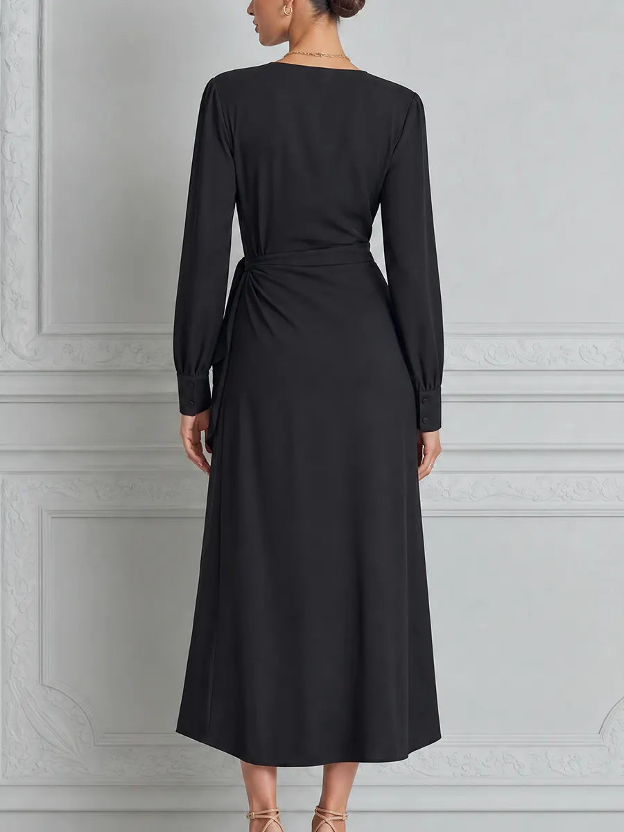 Black Dress Fall Wedding Guest Dress Wrap Ruffle Midi Dress
