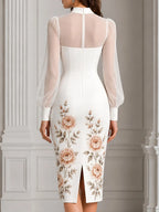 Sheer Puff Sleeve Floral Print Satin Bodycon Midi Dress