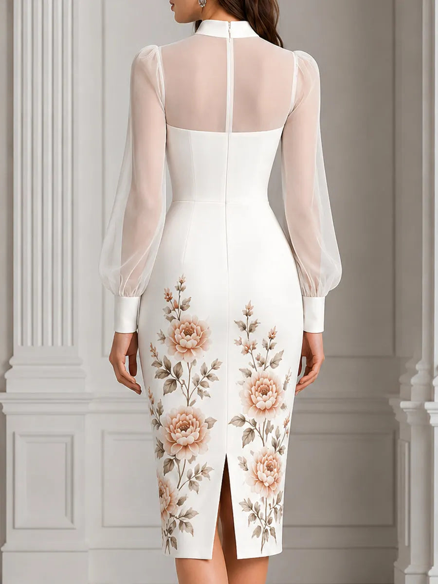 Sheer Puff Sleeve Floral Print Satin Bodycon Midi Dress