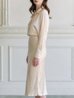 Satin Point-Collar Long-Sleeve Blouse & Bias-Cut Midi Skirt Two-Piece Set