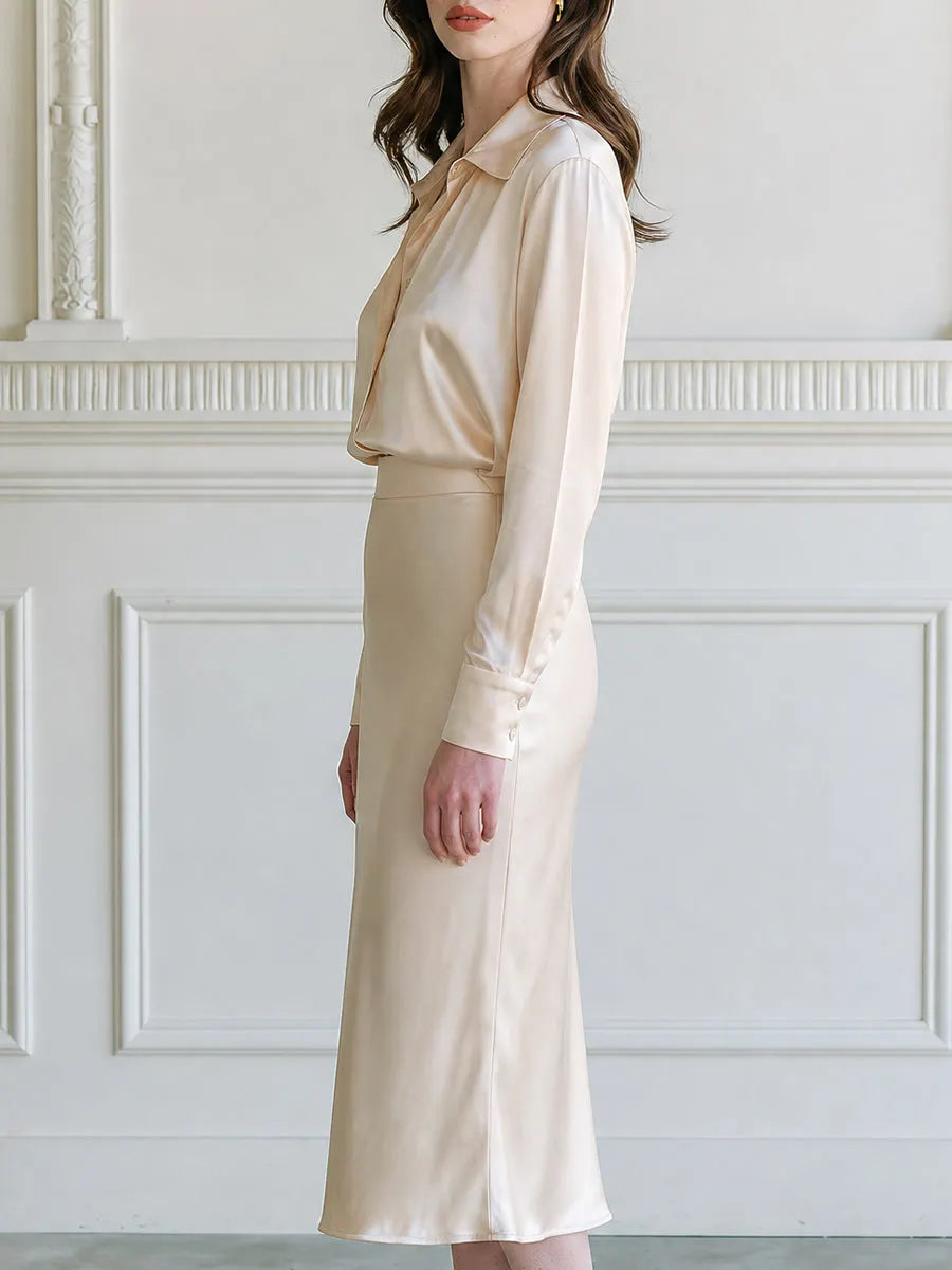 Satin Point-Collar Long-Sleeve Blouse & Bias-Cut Midi Skirt Two-Piece Set