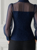 Navy Lace Sheer Sleeve Button Front Blouse