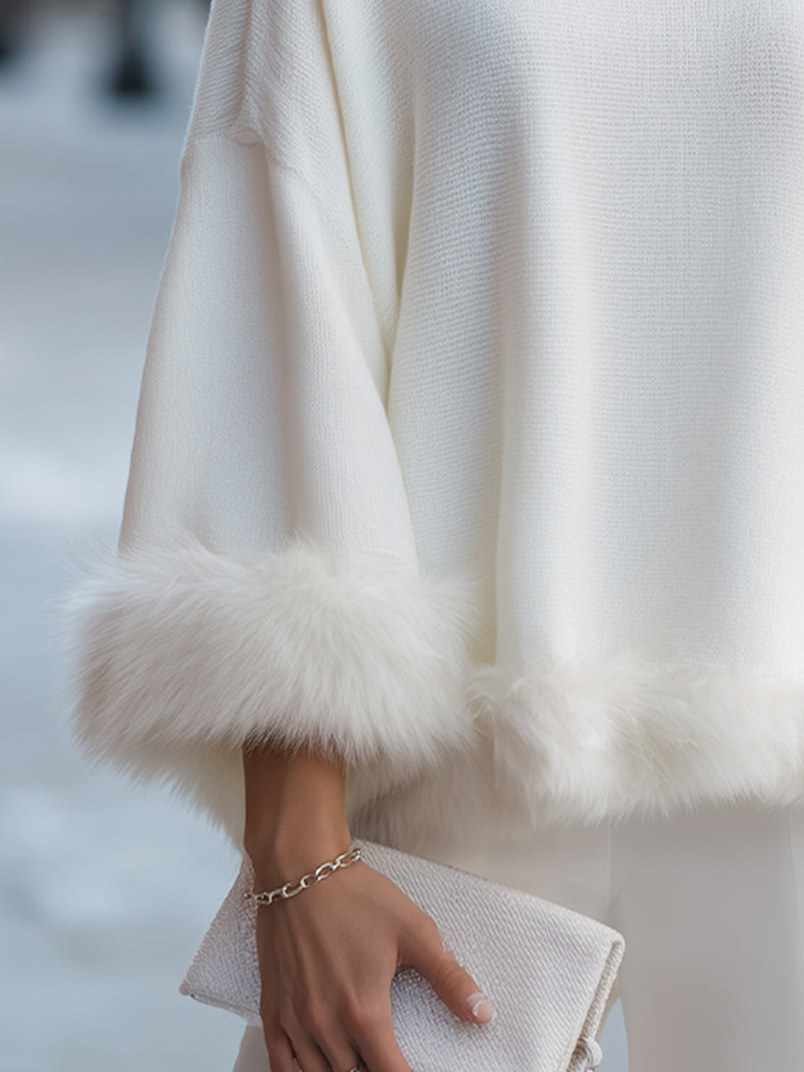 Elegant Faux Fur-Trimmed Knit Sweater