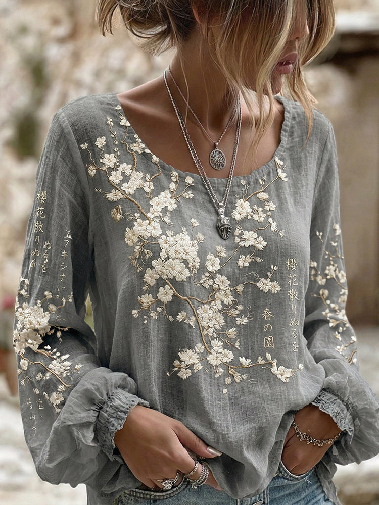 Women's Retro Japanese Cherry Blossom Art Crew Neck Linen Blend T-shirt