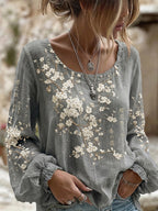 Women's Retro Japanese Cherry Blossom Art Crew Neck Linen Blend T-shirt
