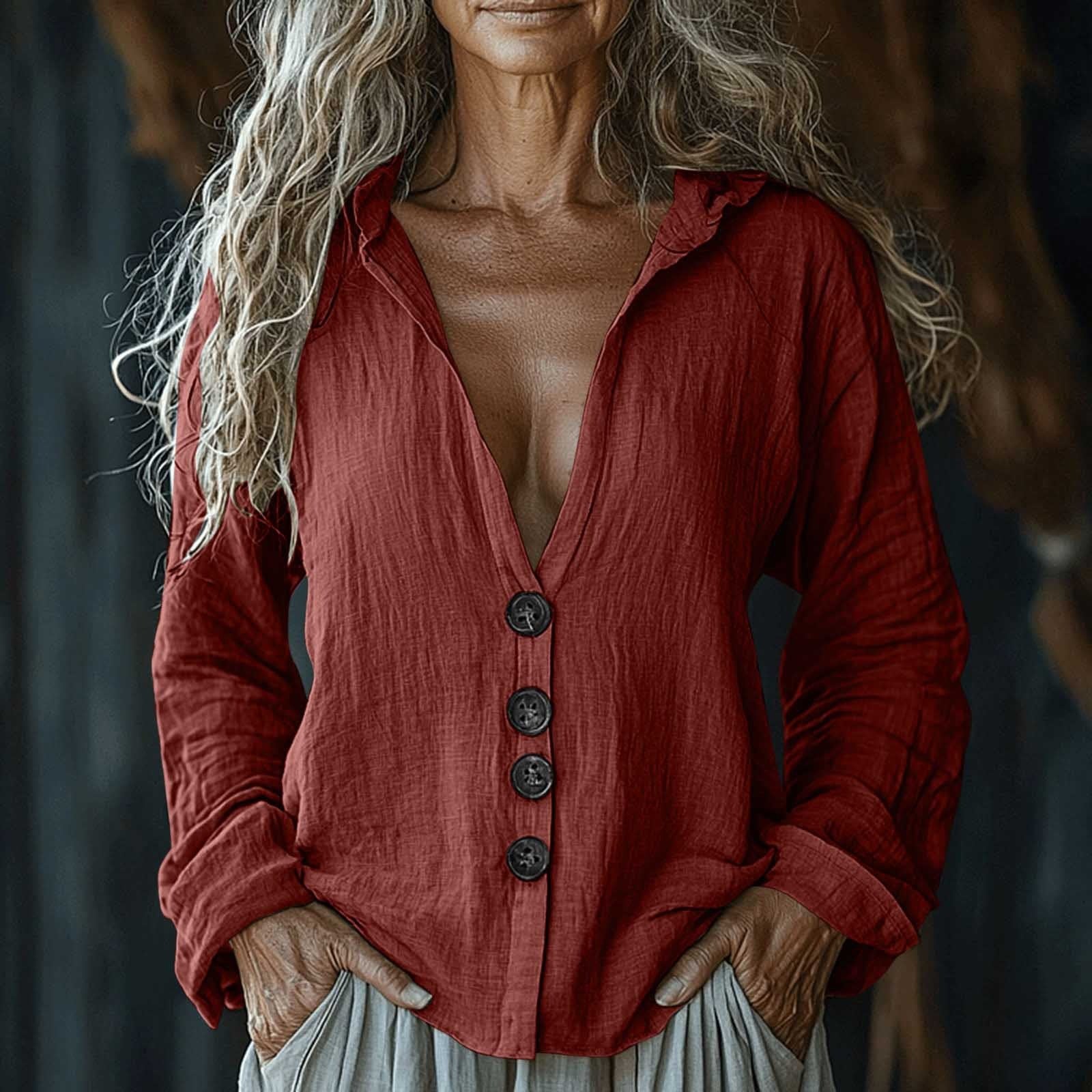 Women's Vintage Solid Color V-neck Linen Shirt