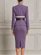 Lavender Stripe Bow Neck Cropped Blazer & Pencil Midi Skirt Two-Piece Suit Set