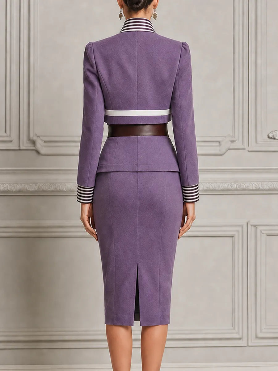 Lavender Stripe Bow Neck Cropped Blazer & Pencil Midi Skirt Two-Piece Suit Set