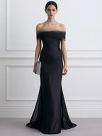 Off Shoulder Tulle Trim Satin Mermaid Evening Gown