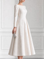Elegant Jacquard Boat Neck Pearl Button Cuffs Dress