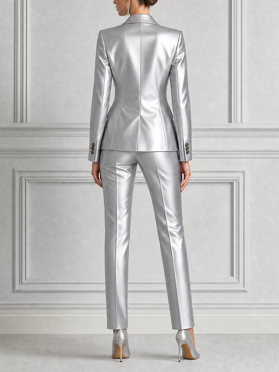 Silver Satin Tailored Blazer & Slim Pants Set