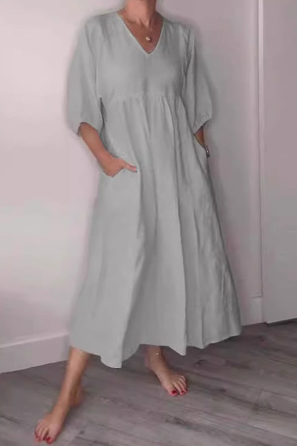 Solid V Neck Half Sleeve Linen with Pocket Dress