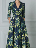 Navy Green Watercolor Floral Print Satin Lapel Fit And Flare Midi Dress