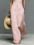 Women's Minimalist Linen-Blend Stand-Collar Single-Breasted Sleeveless Maxi Dress