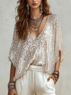 Women's Casual Batwing Sleeve Sequined Art Stylish Shirt