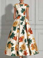 Autumn Maple Leaf Print Belt A-Line Midi Dress