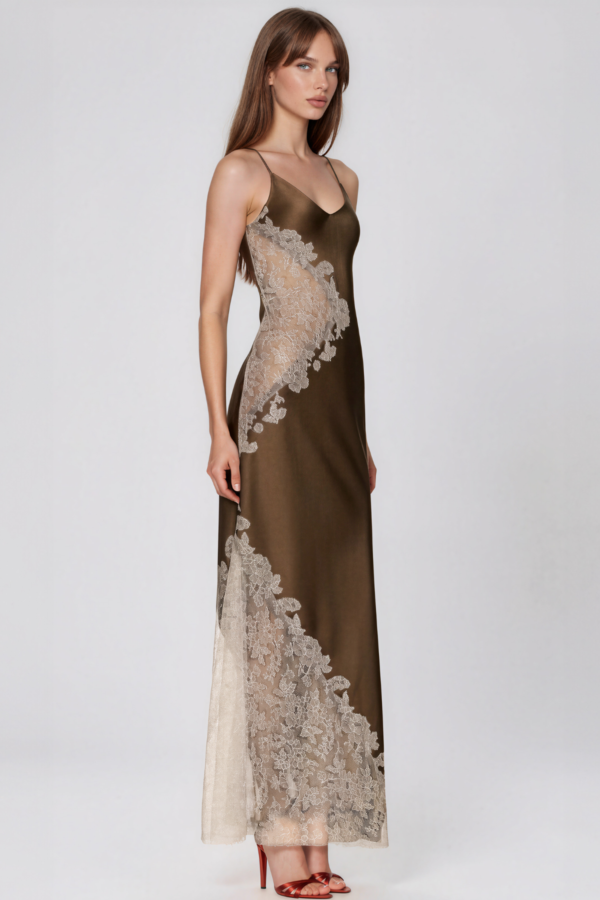 Kamika Spaghetti Lace Satin Maxi Dress