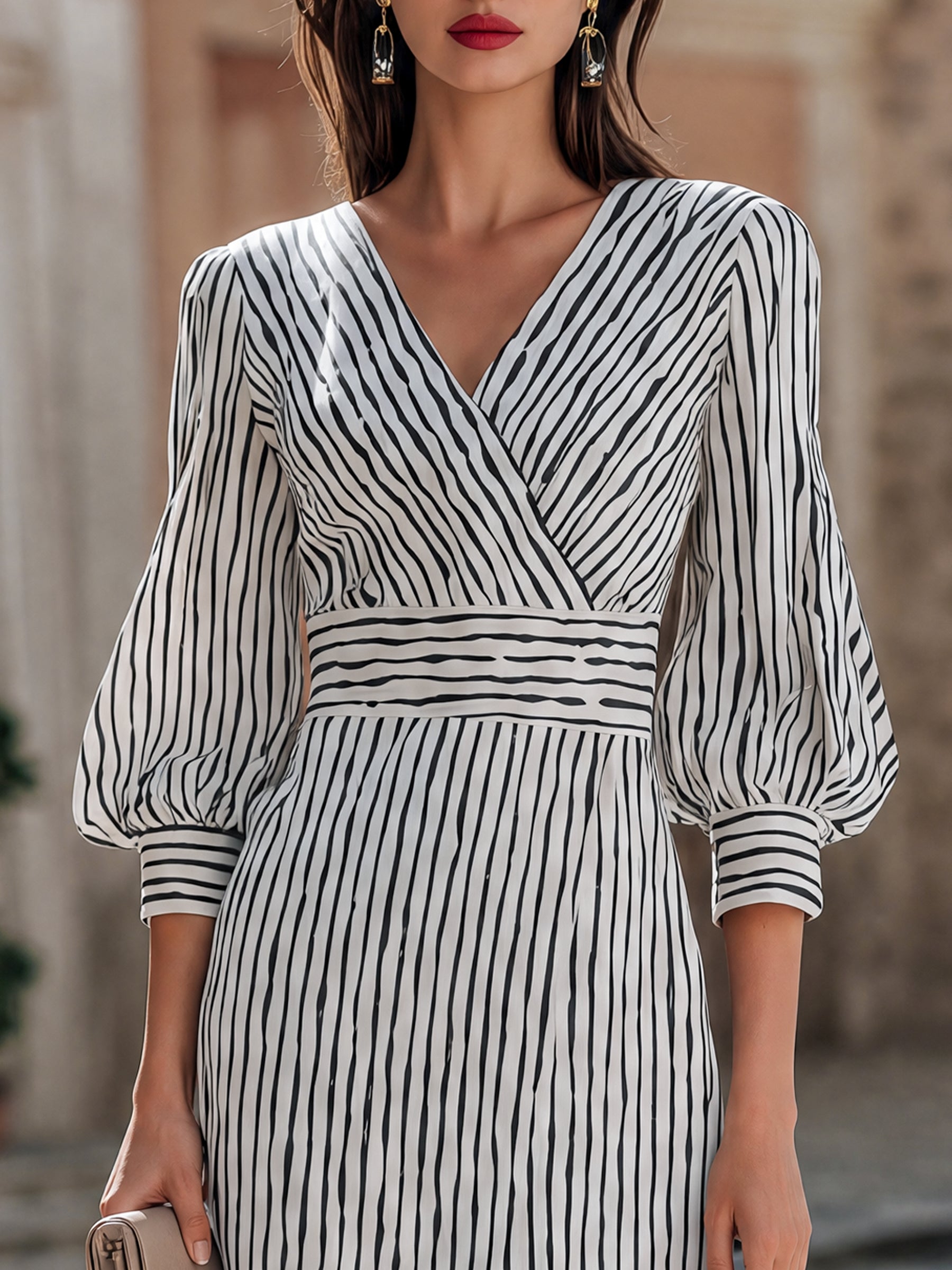 Striped V-Neck Bishop-Sleeve Midi Dress