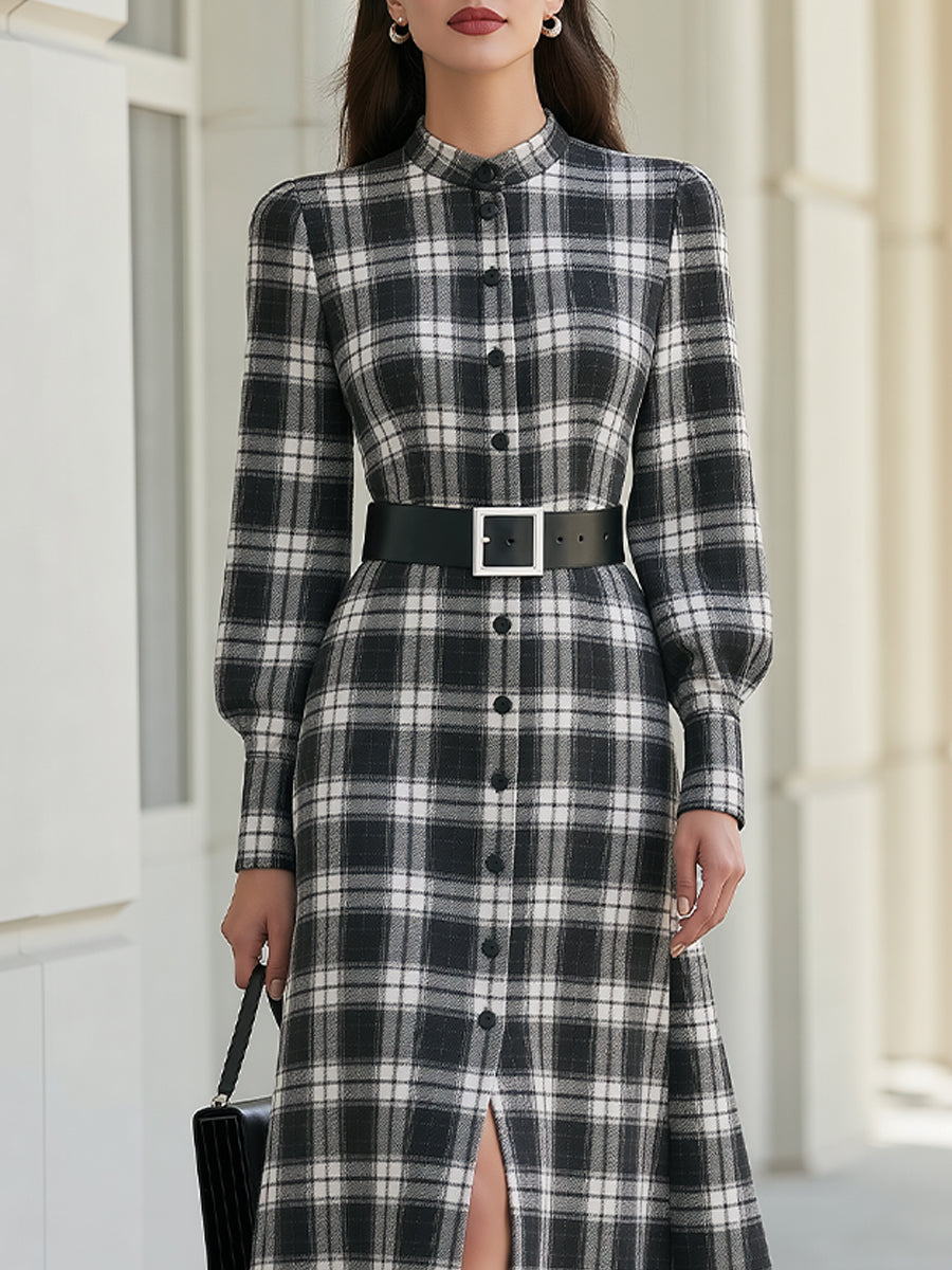 Vintage Black White Plaid Stand Collar Belted Midi Shirt Dress