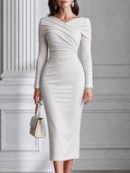 Elegant Crossover Draped V-Neck Bodycon Midi Dress