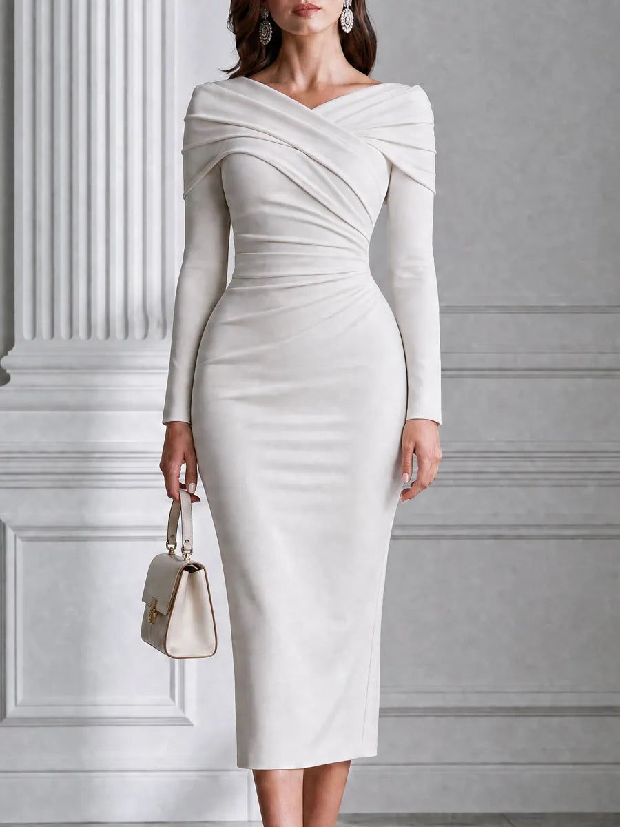 Elegant Crossover Draped V-Neck Bodycon Midi Dress